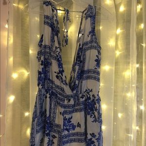 Blue and white floral romper